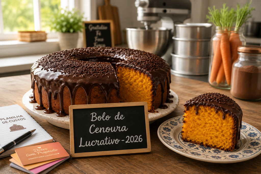 Bolo de cenoura fofinho com cobertura brilhante de chocolate escorrendo, uma fatia servida em um prato de cerâmica e uma pequena lousa de giz com o texto 'Bolo de Cenoura Lucrativo - 2026' em uma cozinha profissional bem iluminada.