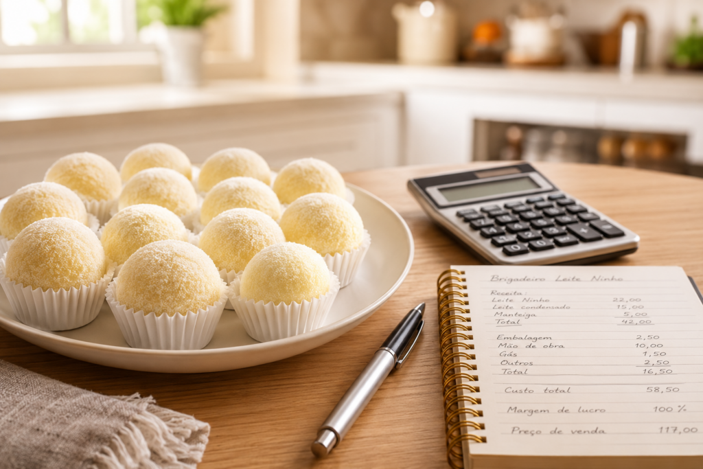 Brigadeiros gourmet de Leite Ninho polvilhados com leite em pó, em forminhas brancas, ao lado de uma calculadora e um bloco de notas. Imagem representando o cálculo de custos e a precificação correta para confeiteiras em 2026.