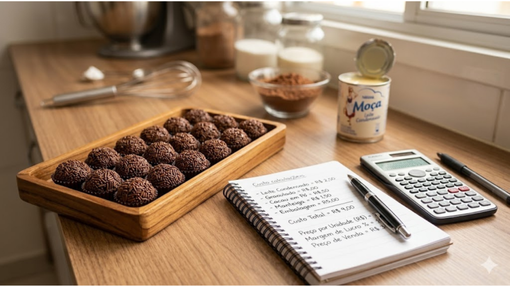 Foto mostrando o cálculo exato de quanto custa fazer 100 brigadeiros na prática