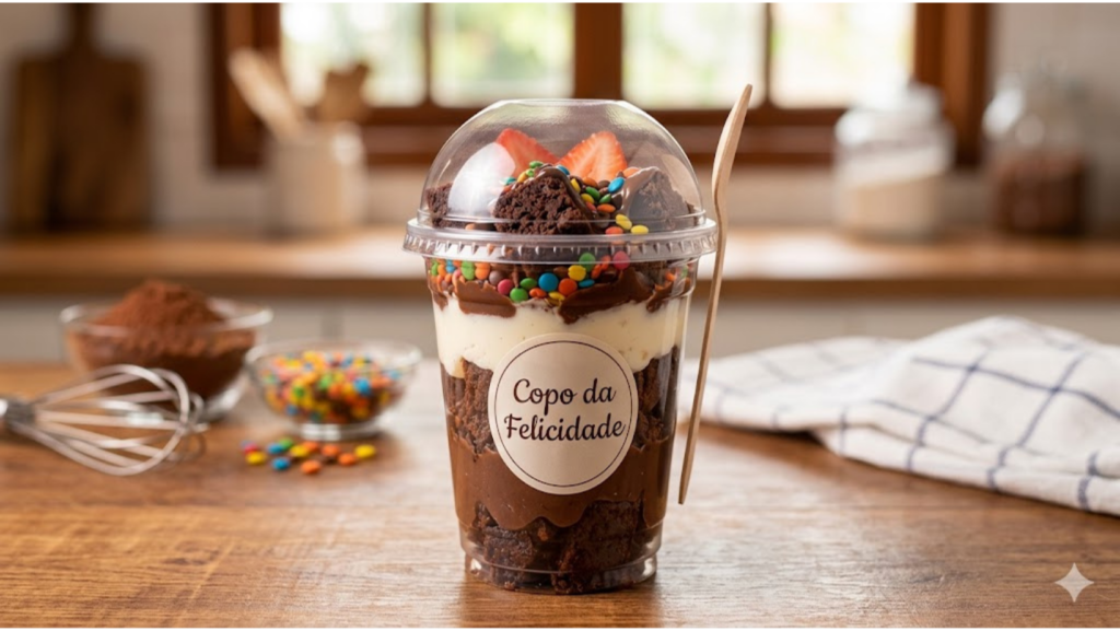 Copo da Felicidade com Brownie em camadas apetitosas e coloridas.