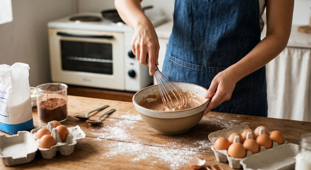Pessoa preparando massa com ingredientes simples em uma cozinha caseira, ideal para começar na confeitaria.