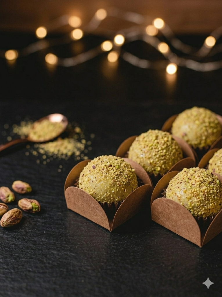 Lindo brigadeiro de pistache gourmet decorado com pedacinhos de pistache triturado.