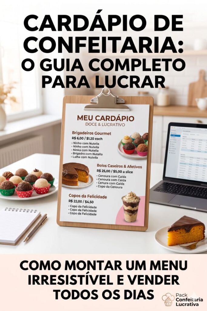 Exemplo de um cardápio de confeitaria lucrativo e organizado, com fotos de brigadeiros gourmet, bolo de cenoura e copo da felicidade.